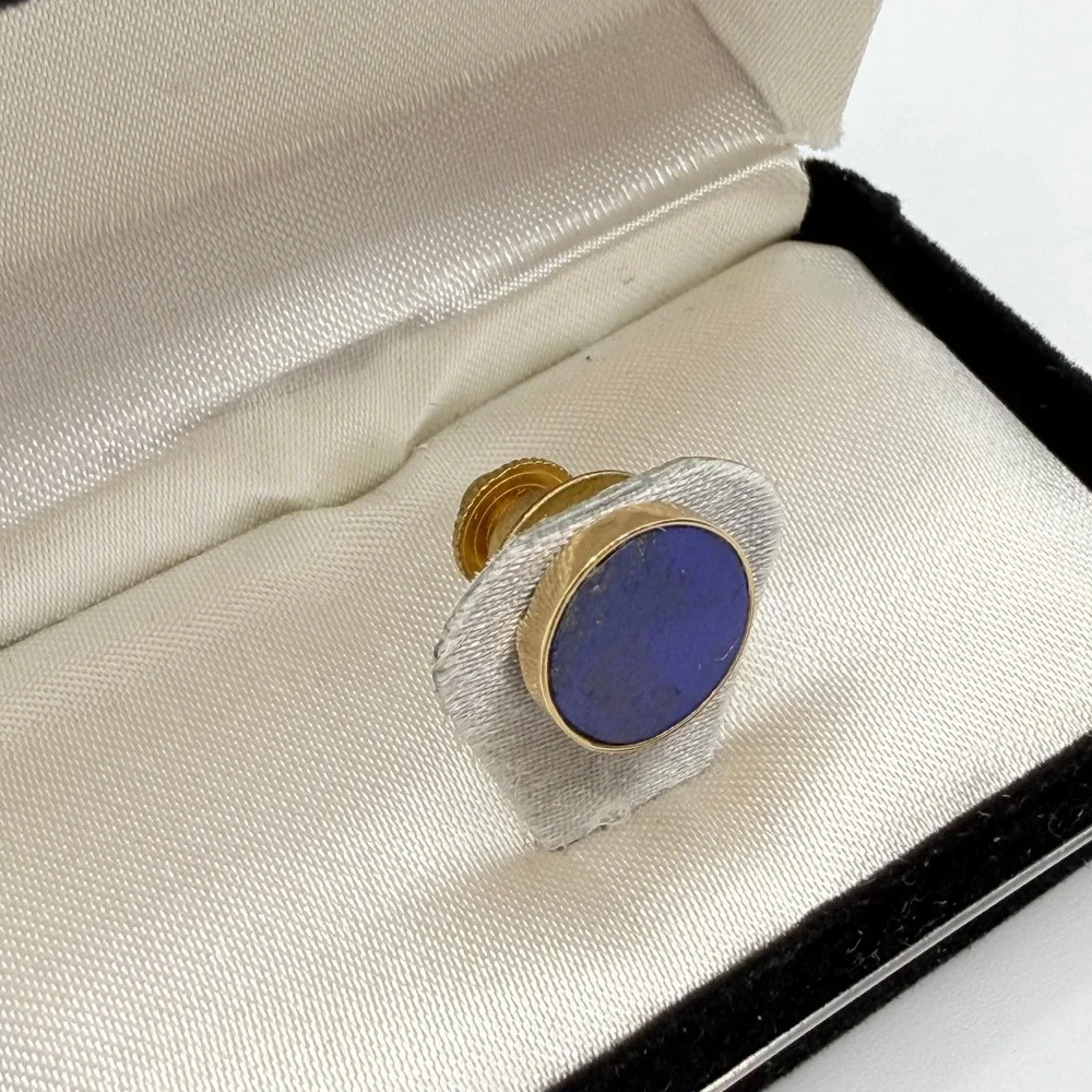 Vintage 14K Solid Yellow Gold Lapis Lazuli Tie Tack Lapel Pin Round Blue Estate
